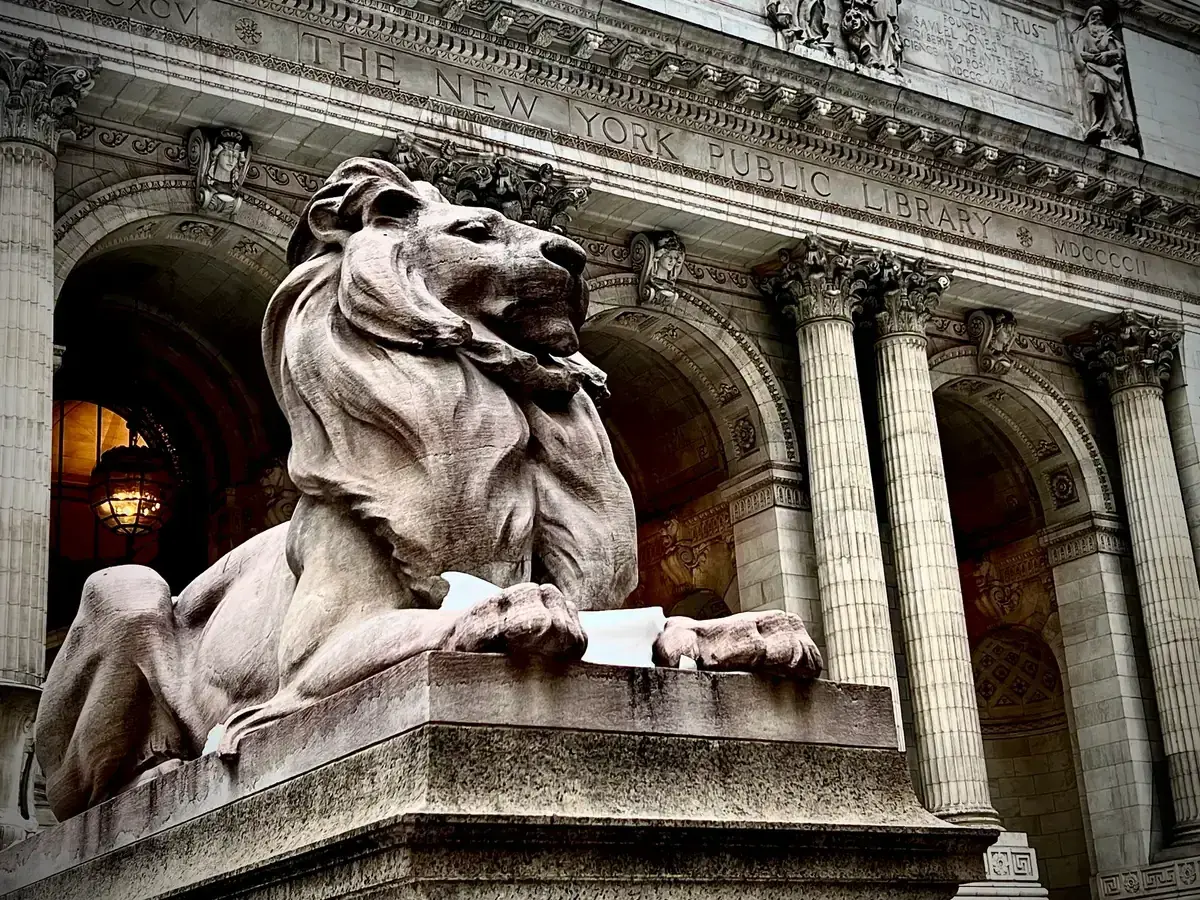 The marble lion Patience at the entrance of the New York Public Library on Fifth Avenue, on a New York architecture tour