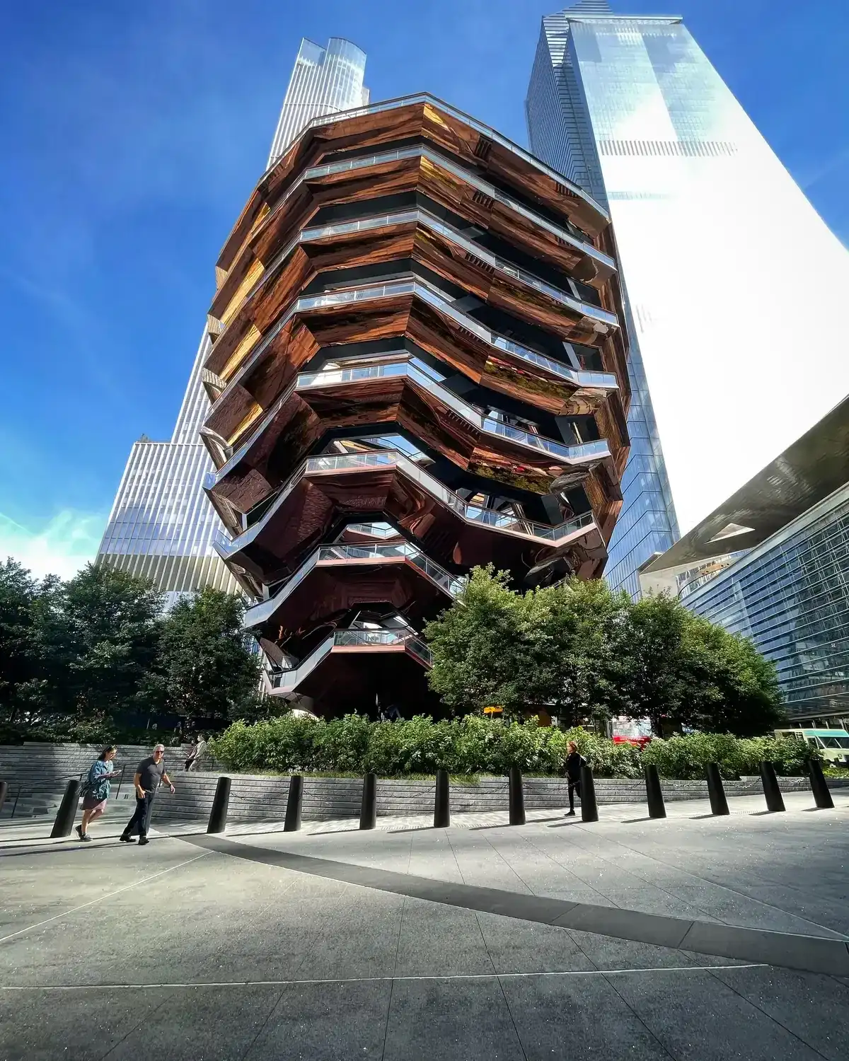 The copper-coloured stairways of the Vessel at Hudson Yards, shot from below, on a New York architecture tour