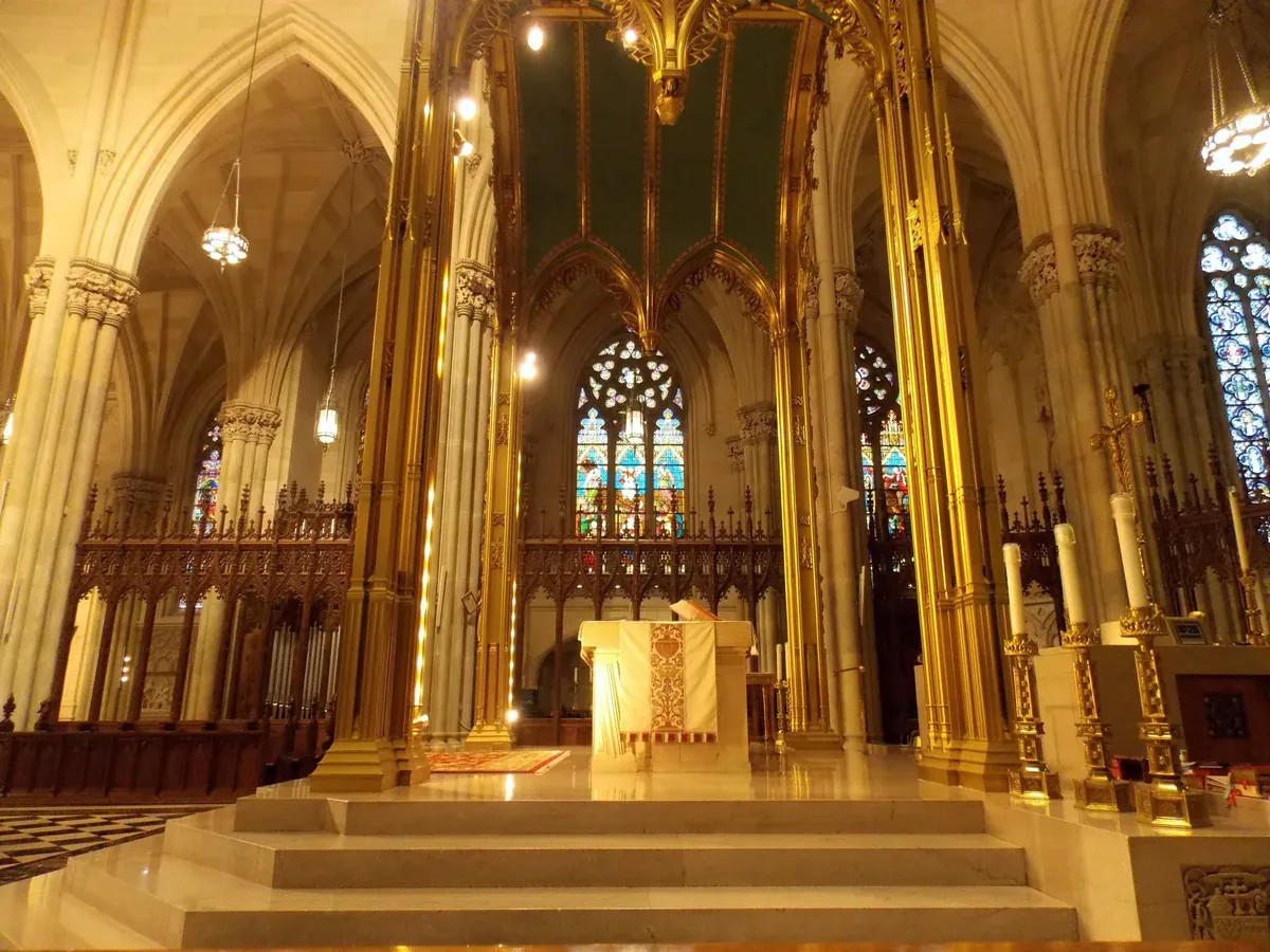 The golden main altar and sanctuary inside St. Patrick's Cathedral, on a New York architecture tour